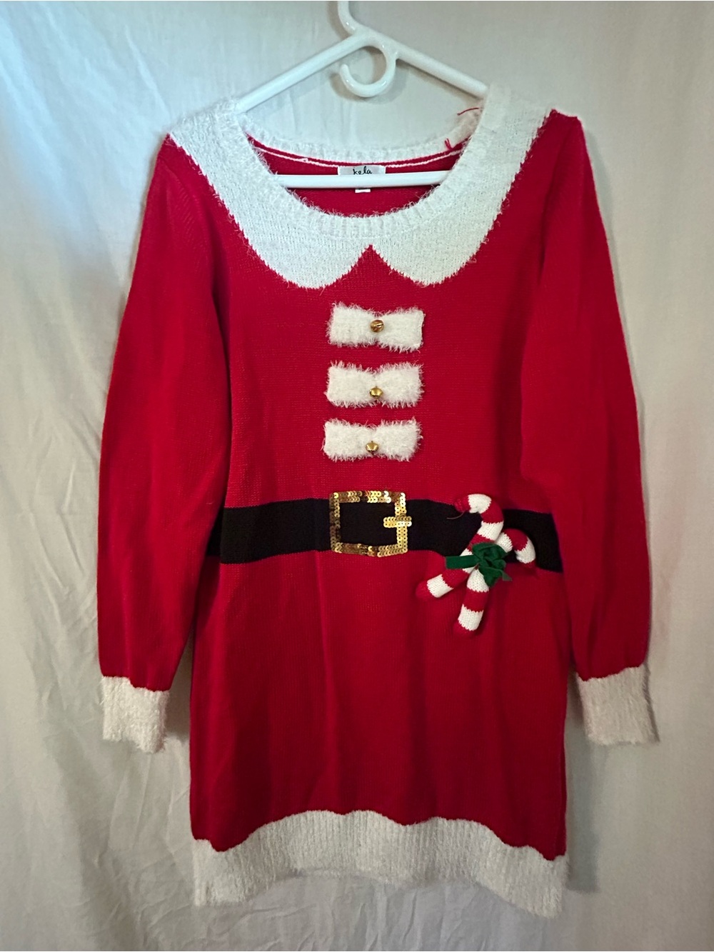 Festive Red Crewneck Sweater Dress with White Trim